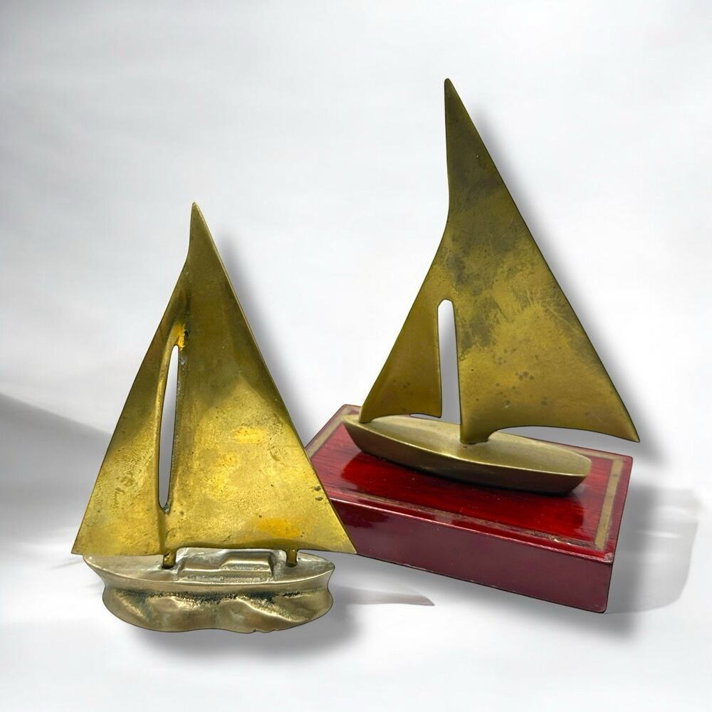 Vintage Solid Brass Sailboat Sculptures Set Of 2 Figurines MCM Paperweights